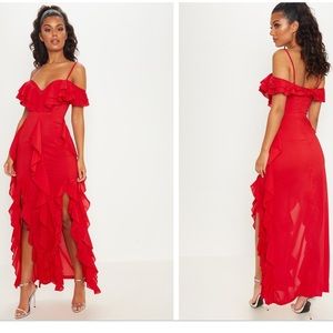 Red Cold Shoulder Ruffle Detail Maxi Dress